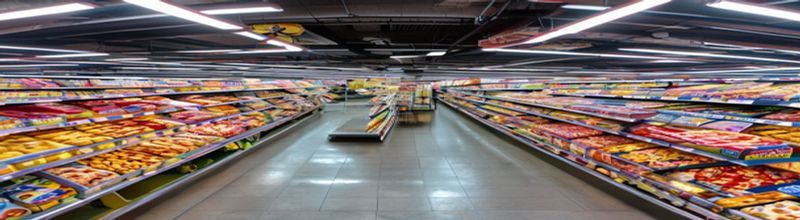 Panoramic overhead view of a supermarket cereal and bakery aisle, rows of brightly coloured breakfast cereal boxes and packaged frozen pizzas on metal shelves under fluorescent ceiling strips, no people no faces no hands