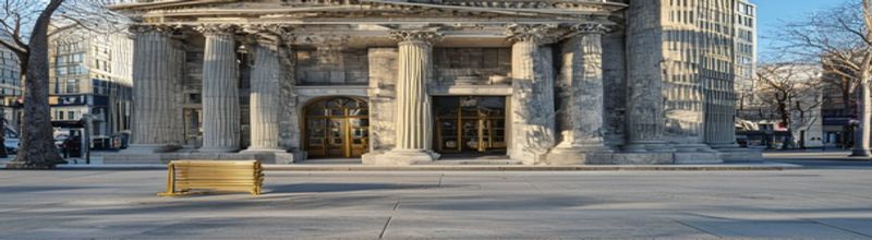 Panoramic exterior of a stone-clad neoclassical bank building on a wide commercial street at midday, granite columns flanking a brass-handled entrance, an awning bearing no logos, a brass deposit box recessed into the facade, no people no faces no hands