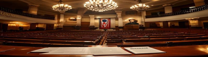 Panoramic interior view of the United States House of Representatives chamber from the gallery during late evening session, rows of semicircular dark wooden desks beneath the Speaker's rostrum, two large flags flanking the rostrum, no people no faces no hands