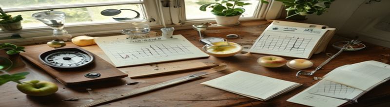 Panoramic still-life arrangement of a wooden tabletop with a vintage mechanical bathroom scale beside a stadiometer height-measuring rod, an open notebook showing hand-plotted growth charts, a printed scatter plot of percentage prevalence rising across decades, a tape measure coiled to one side, no people no faces no hands