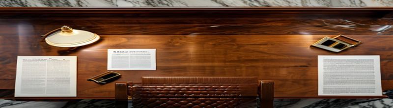 Panoramic flat-lay aerial view of a long wooden conference desk in a U.S. Capitol committee room with stacks of paper printouts of consumer loan agreements, a thick bound copy of the U.S. Code Title 5 open to chapter 8 on congressional review, a brass desk lamp casting warm light, a small American flag and an empty leather chair facing a polished marble wall, no people no faces no hands