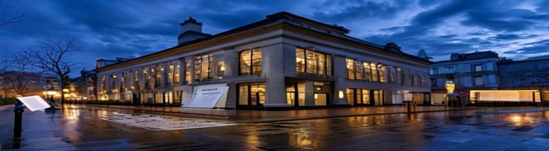 Panoramic view of the LSE Centre Building entrance on Houghton Street at dusk with warm interior light spilling onto wet paving, the Bank of England Threadneedle Street facade in the background under a dark blue evening sky, a single brass plaque reading London School of Economics beside the door, a folded printed speech transcript on a wooden lectern under a desk lamp inside the foyer, no people no faces no hands