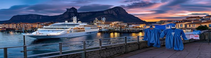 Panoramic view of an expedition cruise ship docked at a Spanish island port at dusk with terracotta-roofed harbour buildings, volcanic mountains in the background, a UK government public-health information poster pinned to a wooden noticeboard on a quayside bollard, sterile blue medical isolation gowns and respirator masks hanging on a rail beside a steel gangway, no people no faces no hands