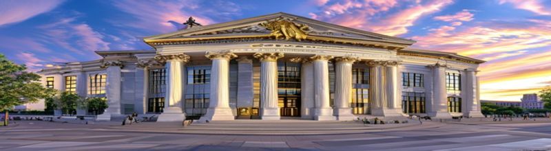 Panoramic exterior view of Marriner S. Eccles Federal Reserve building Washington DC at dawn, classical limestone facade with tall columns and bronze doors, gold-leafed eagle above main entrance, polished brass plaque reading Federal Reserve, clear pale morning sky over the Mall, no people no faces no hands