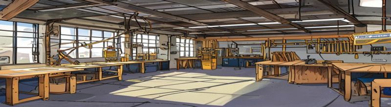 Panoramic interior view of a vocational training workshop, workbenches lined with hand tools and an electrical wiring rig, a half-finished timber frame, safety signage on the wall, daylight through high industrial windows, no people no faces no hands