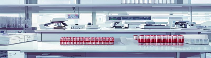 Panoramic view of a clinical laboratory bench, a row of capped blood sample tubes in a rack, an automated analyser machine with a digital readout, microscope slides and a centrifuge alongside, clean white surfaces under bright even light, no people no faces no hands